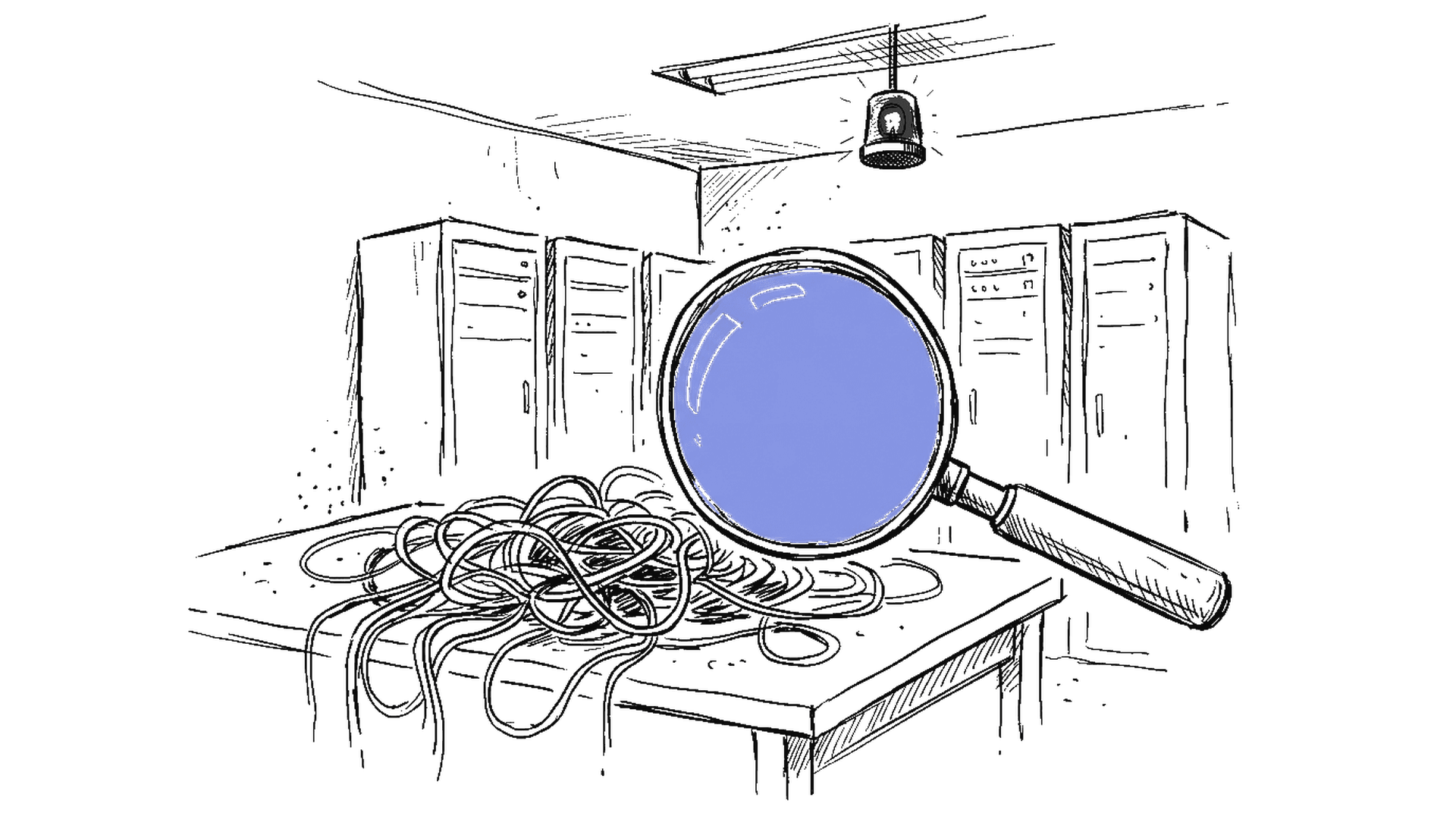 Illustration einer Lupe über verheddertem Kabelhaufen in einem Serverraum mit Warnlicht, kinewsletter.ch Stil