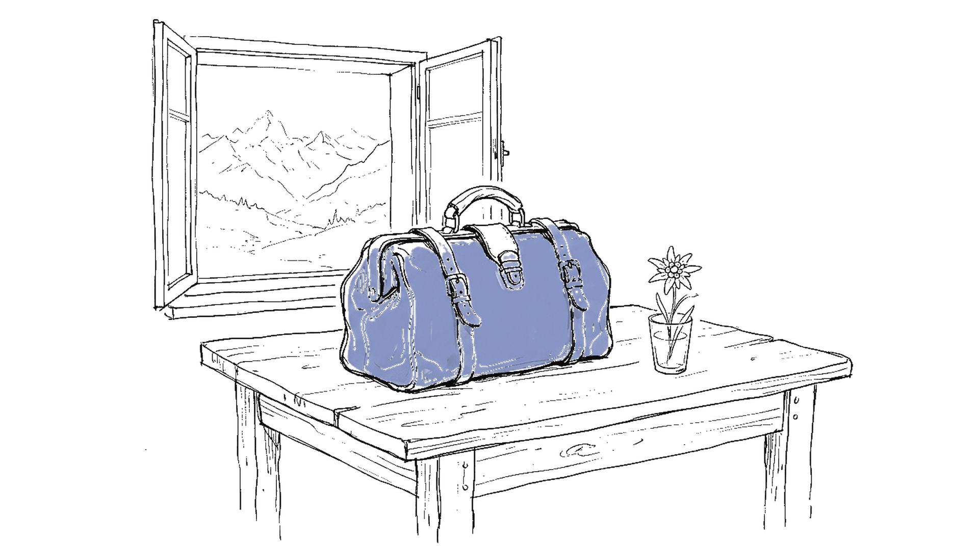 Illustration einer Arzttasche auf einem Schweizer Holztisch mit Bergpanorama, kinewsletter.ch Stil