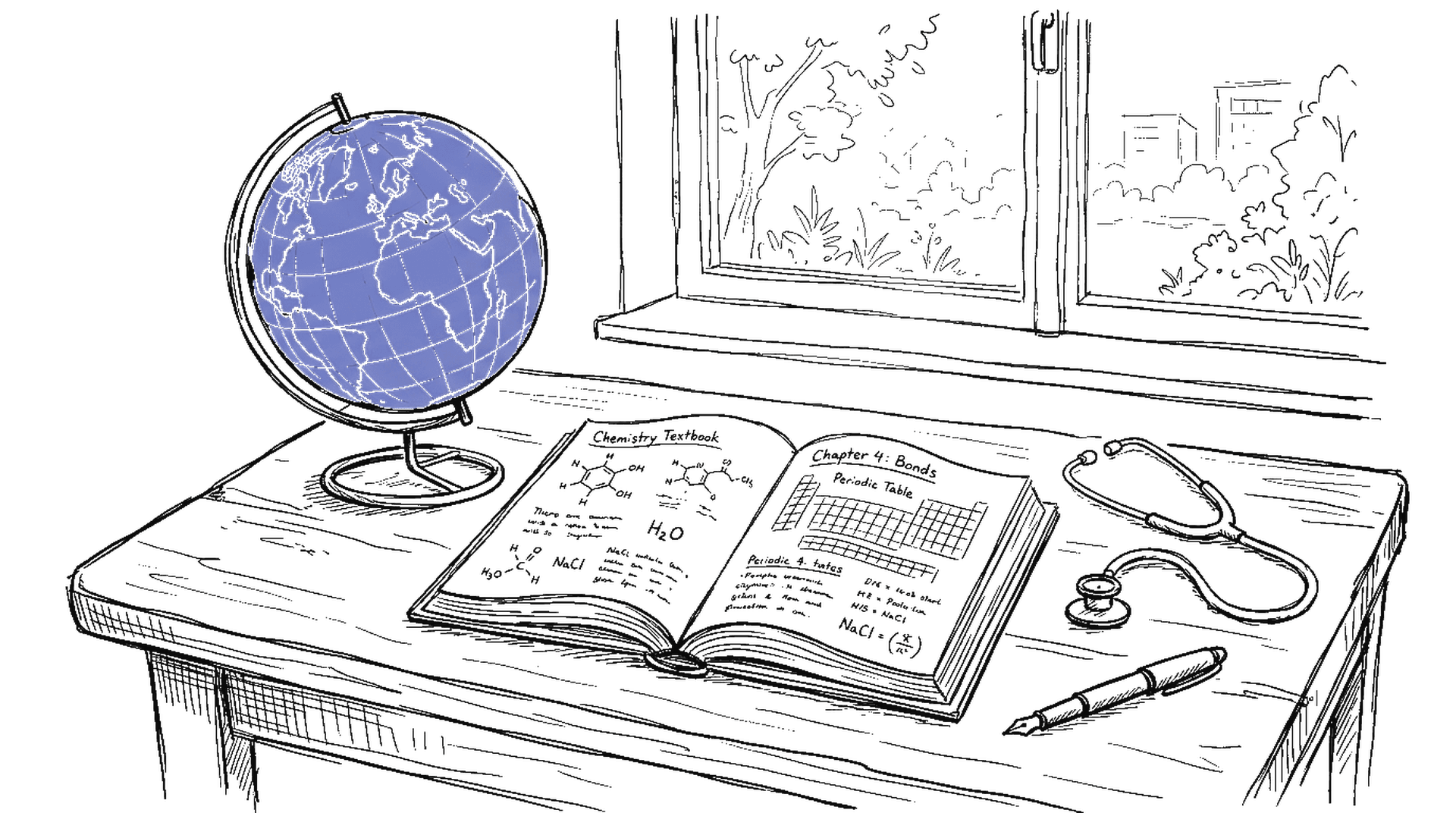 Globus auf Klassenzimmer-Pult mit Lehrbuch, Stethoskop und Fueller – kinewsletter.ch Illustration