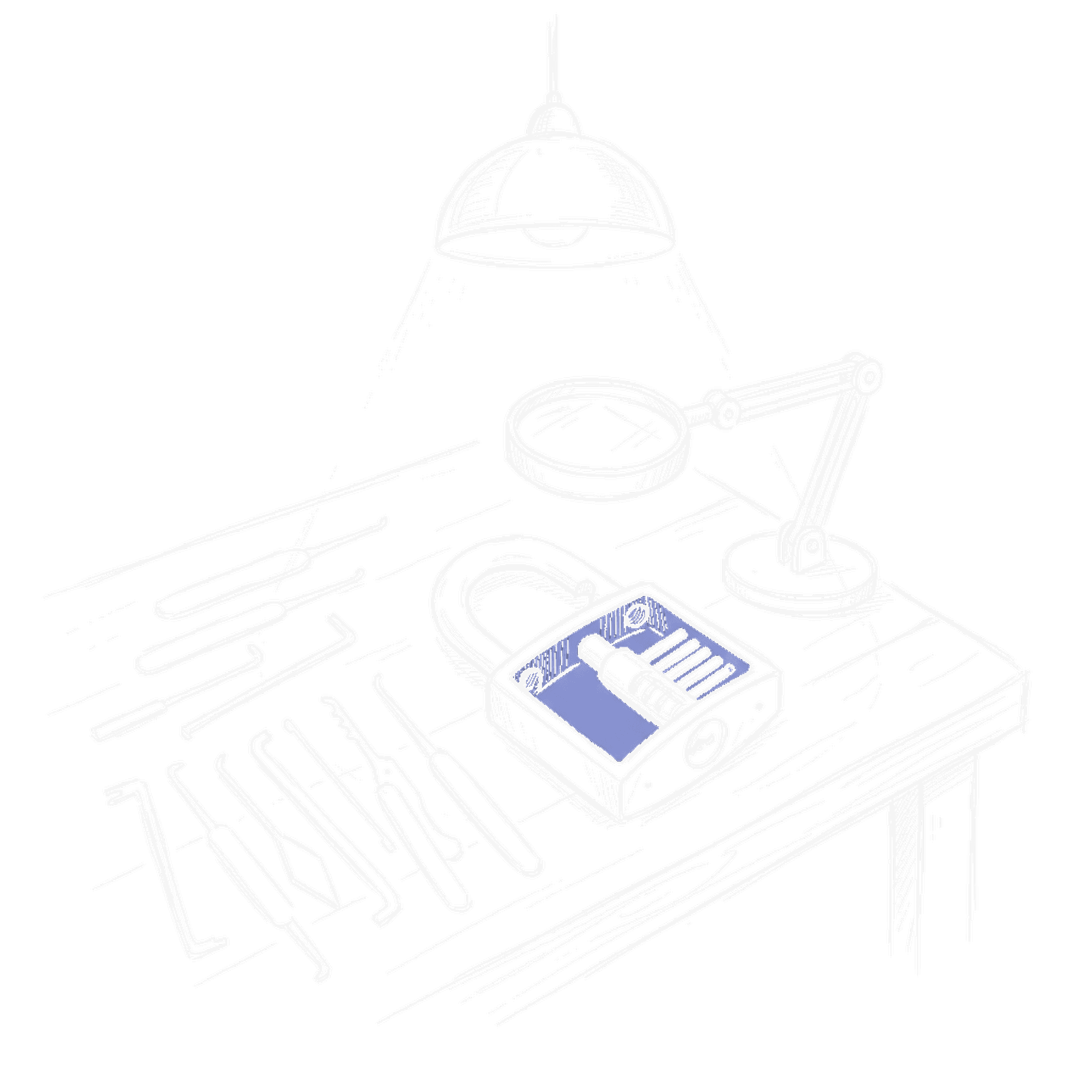 Skizze einer Werkbank mit aufgebrochenem Vorhaengeschloss und Lockpicking-Werkzeug, kinewsletter.ch Stil