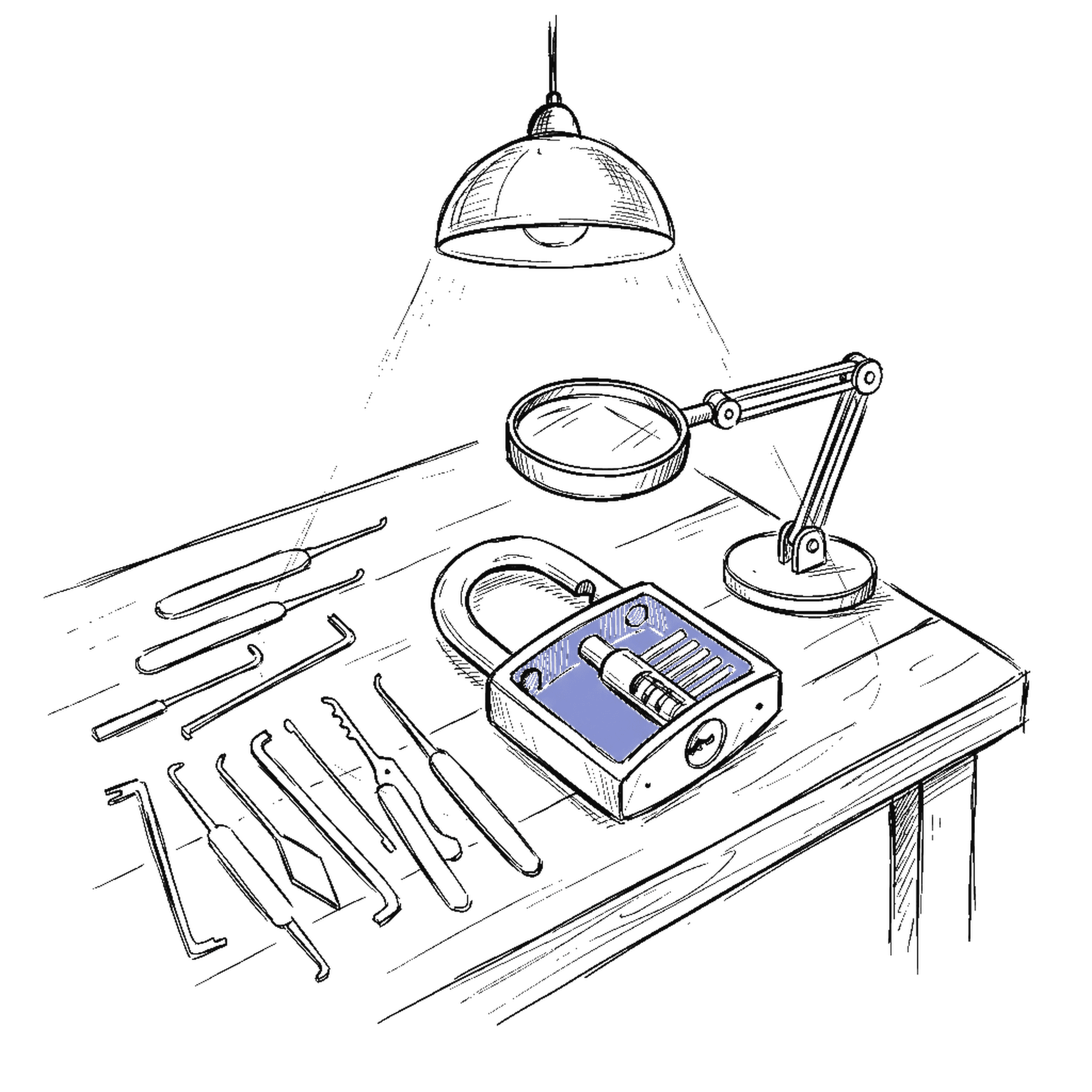 Skizze einer Werkbank mit aufgebrochenem Vorhaengeschloss und Lockpicking-Werkzeug, kinewsletter.ch Stil