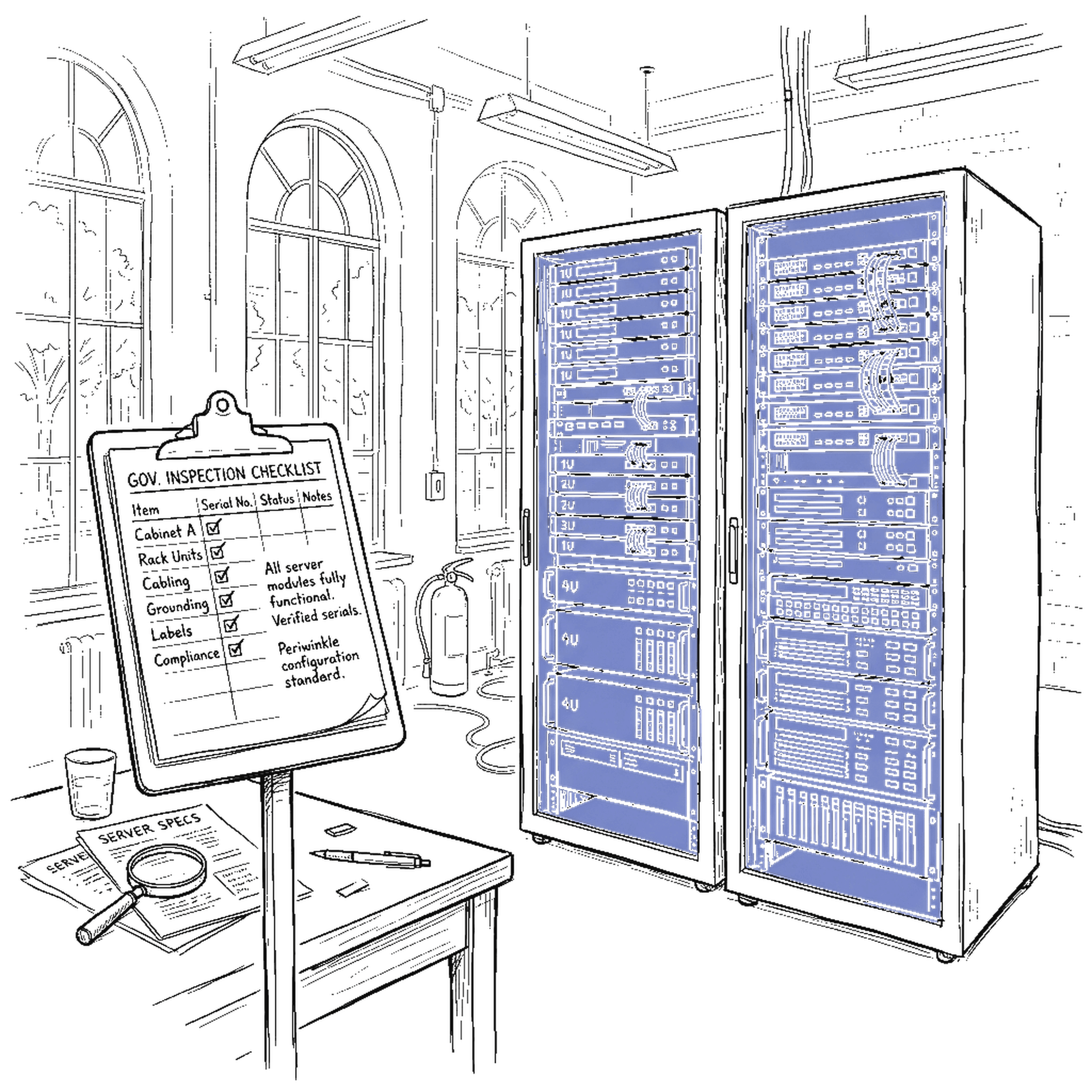 Skizze eines Inspektionsraums mit Server-Schraenken und Klemmbrett, kinewsletter.ch Stil
