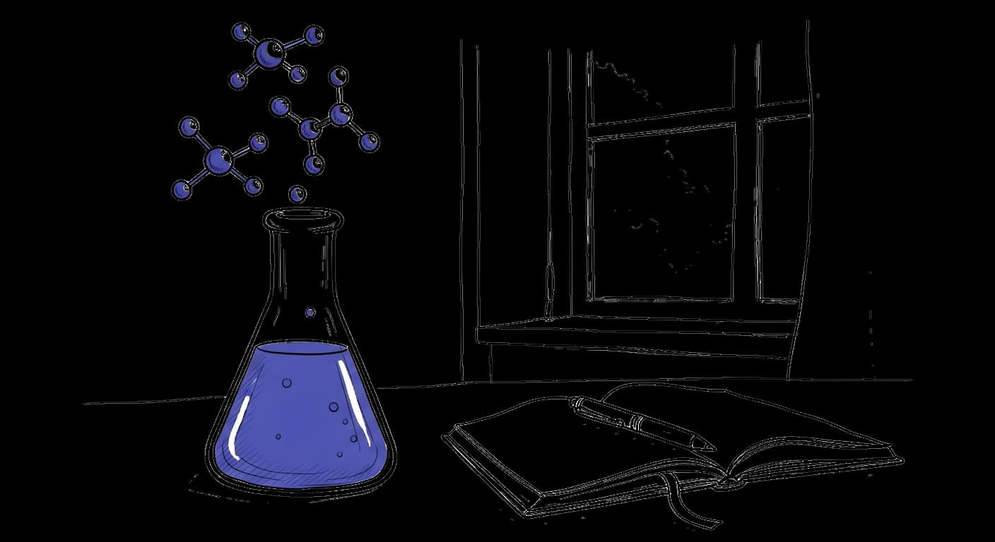 Minimalistische Illustration einer Molekülstruktur an einem Protein, Mikroskop und Erlenmeyerkolben – im Stil von kinewsletter.ch mit türkisem Akzent