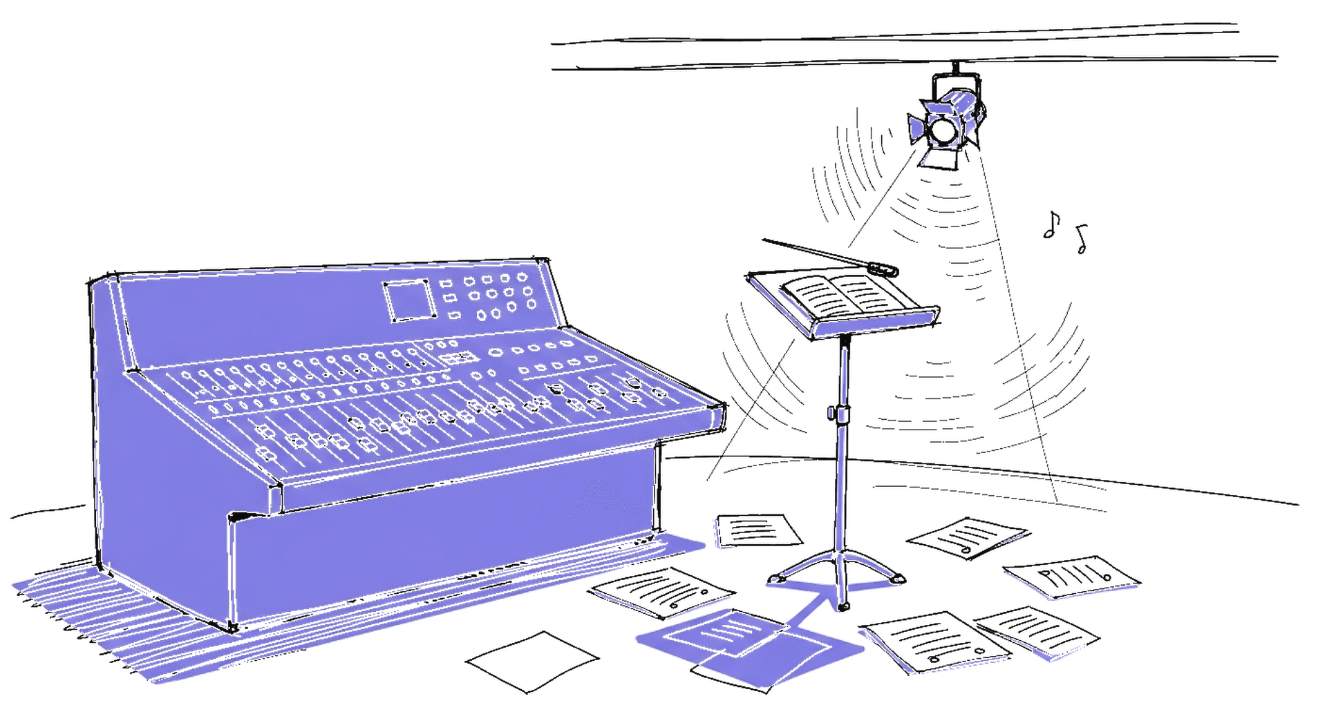 Illustration eines Mischpults mit Dirigentenpult und verstreuten Notenblättern – symbolisiert Perplexitys Multi-Agent-Orchestrierung