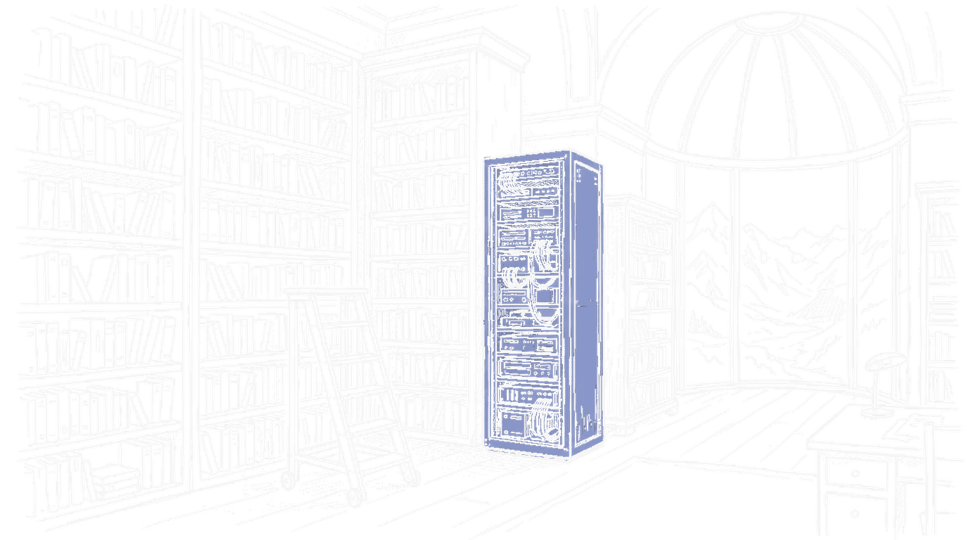 Illustration eines Server-Racks in einem alten Bibliotheks-Archiv mit Glaskuppel im kinewsletter.ch-Stil – Symbol fuer Internet Archive Switzerland in St. Gallen