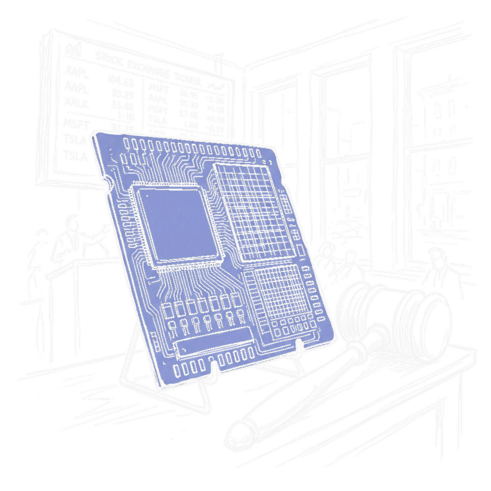 Illustration eines riesigen Computer-Chips mit Börsenticker, kinewsletter.ch Stil