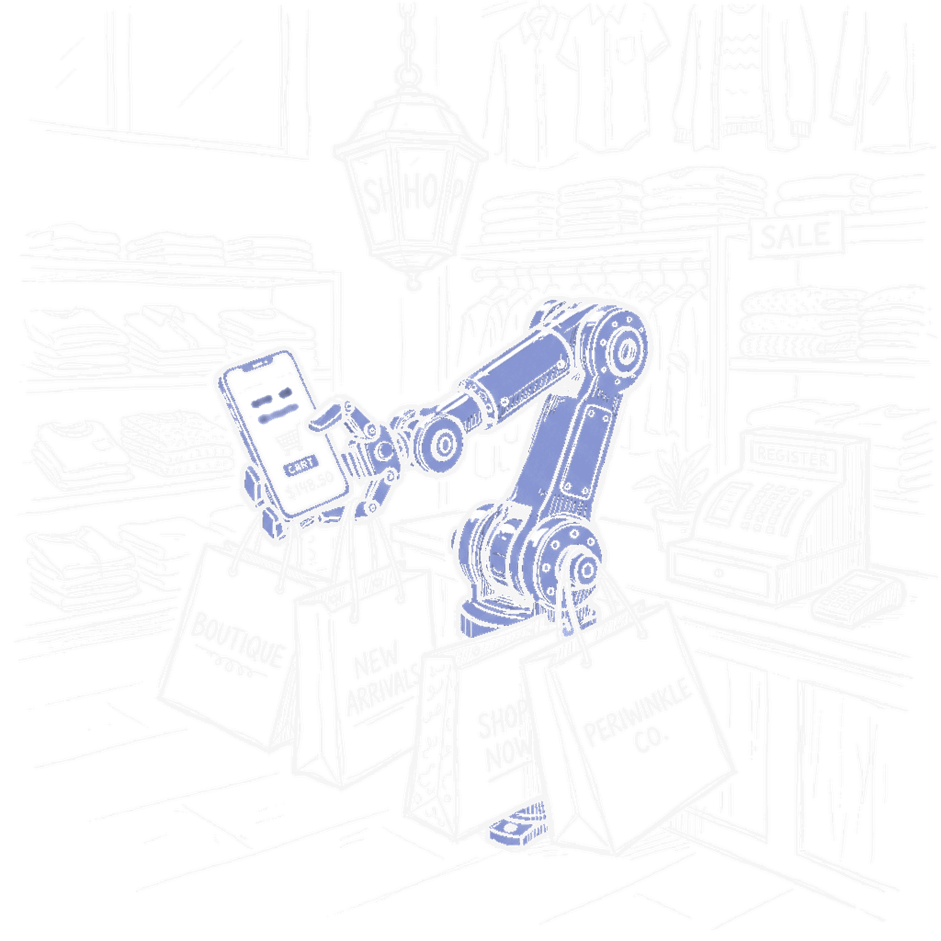 Illustration eines Roboterarms mit Smartphone und Shopping-Tüten, kinewsletter.ch Stil