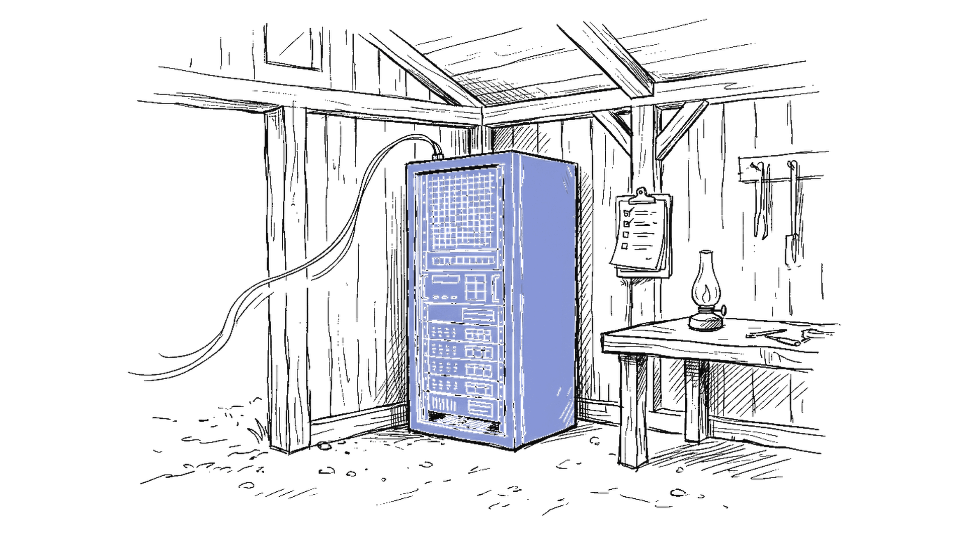 Illustration einer Werkstatt mit Server-Rack, kinewsletter.ch Stil