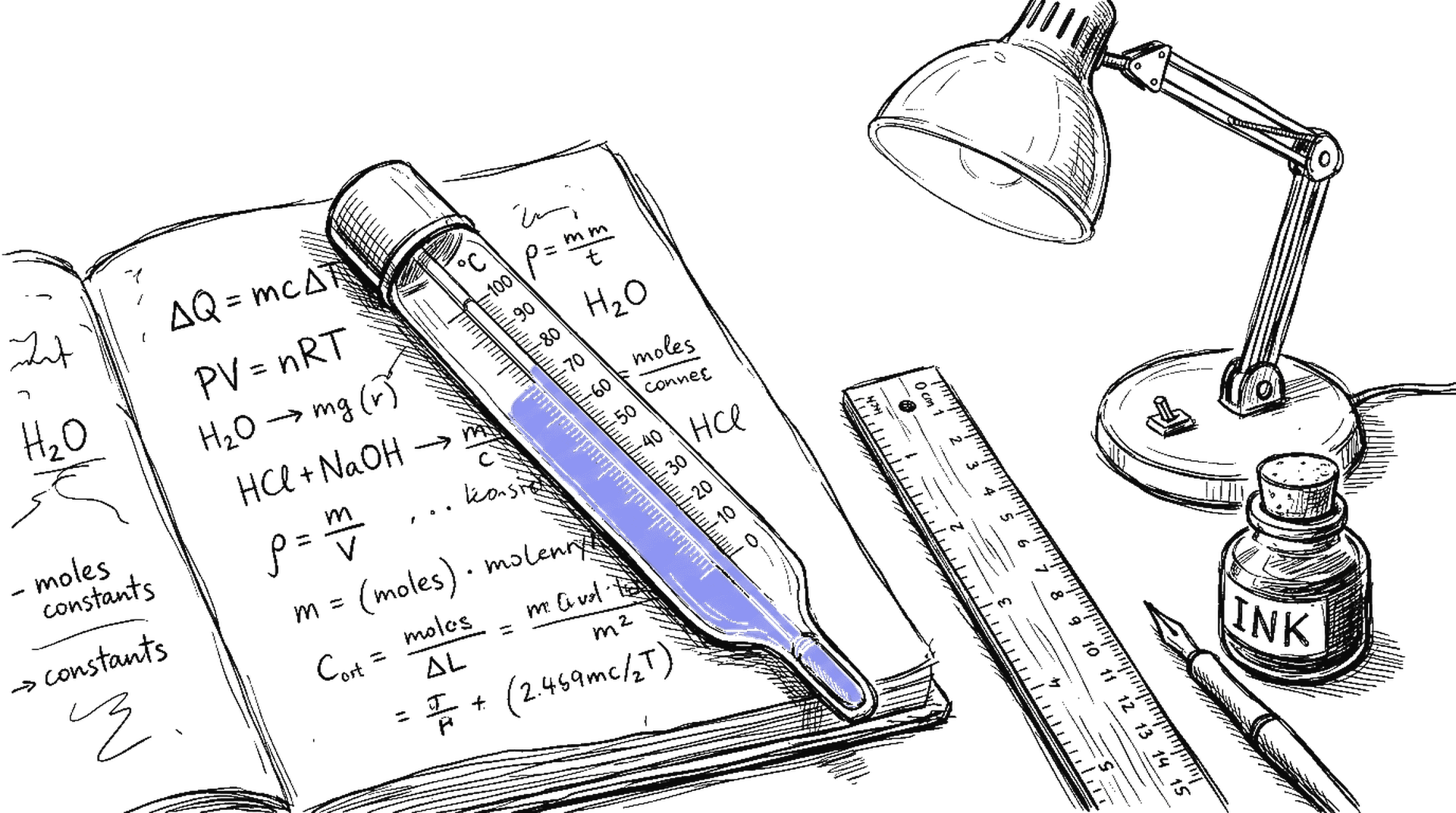 Illustration: Thermometer auf Laborheft mit Formeln, kinewsletter.ch Stil
