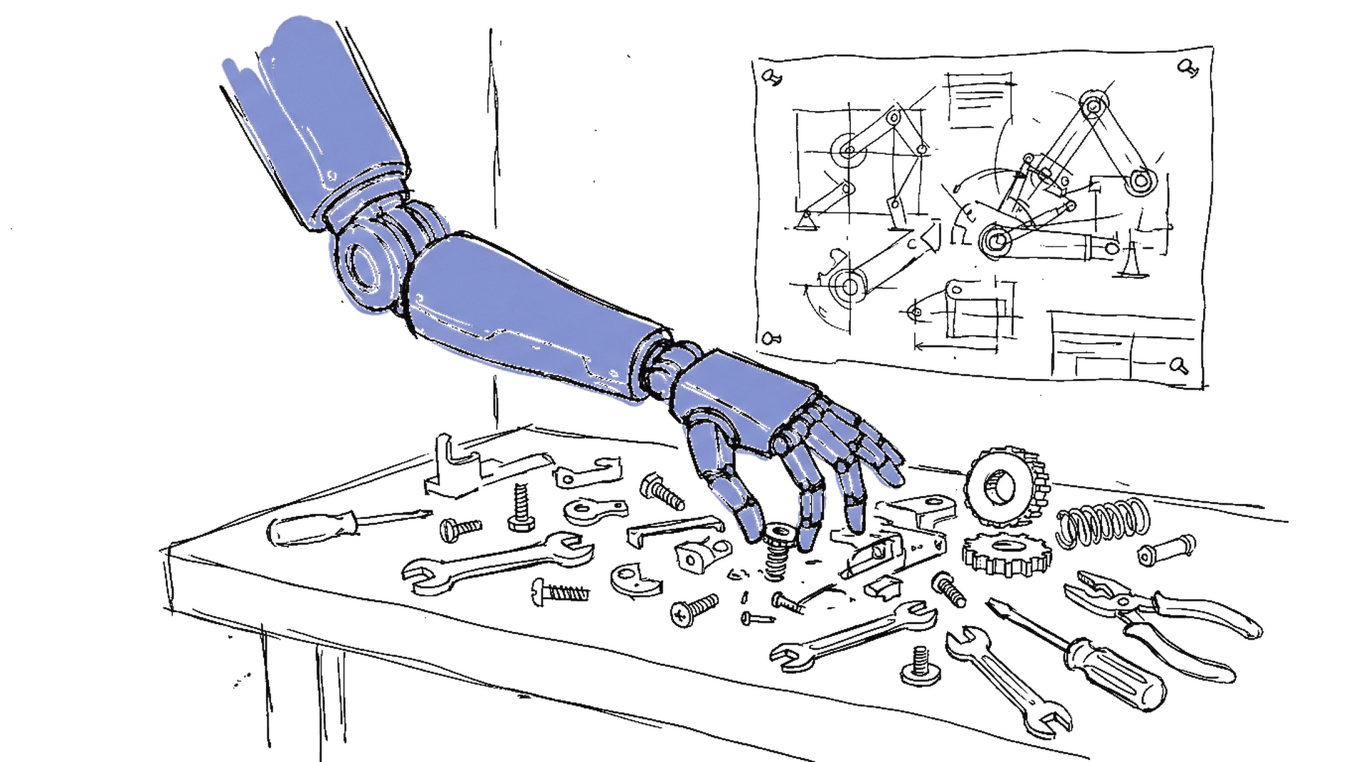 Illustration: Roboterarm an Werkbank mit Bauteilen, kinewsletter.ch Stil