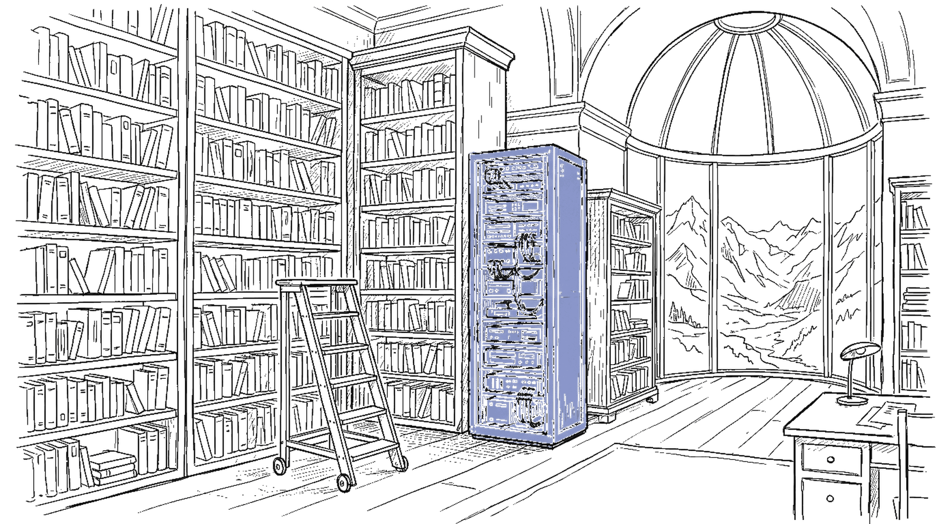 Illustration eines Server-Racks in einem alten Bibliotheks-Archiv mit Glaskuppel im kinewsletter.ch-Stil – Symbol fuer Internet Archive Switzerland in St. Gallen