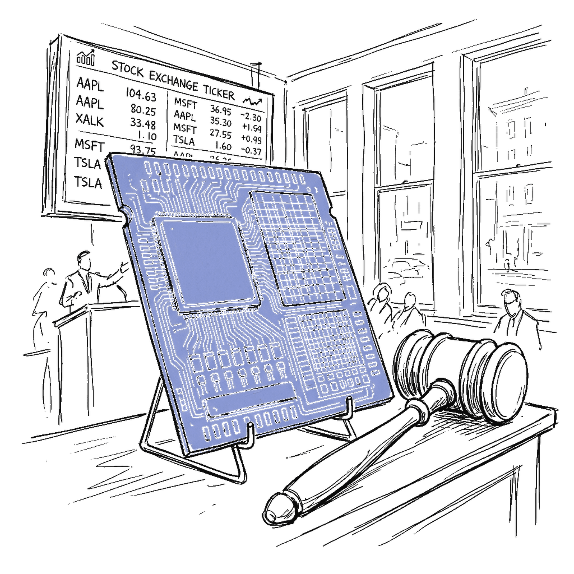 Illustration eines riesigen Computer-Chips mit Börsenticker, kinewsletter.ch Stil