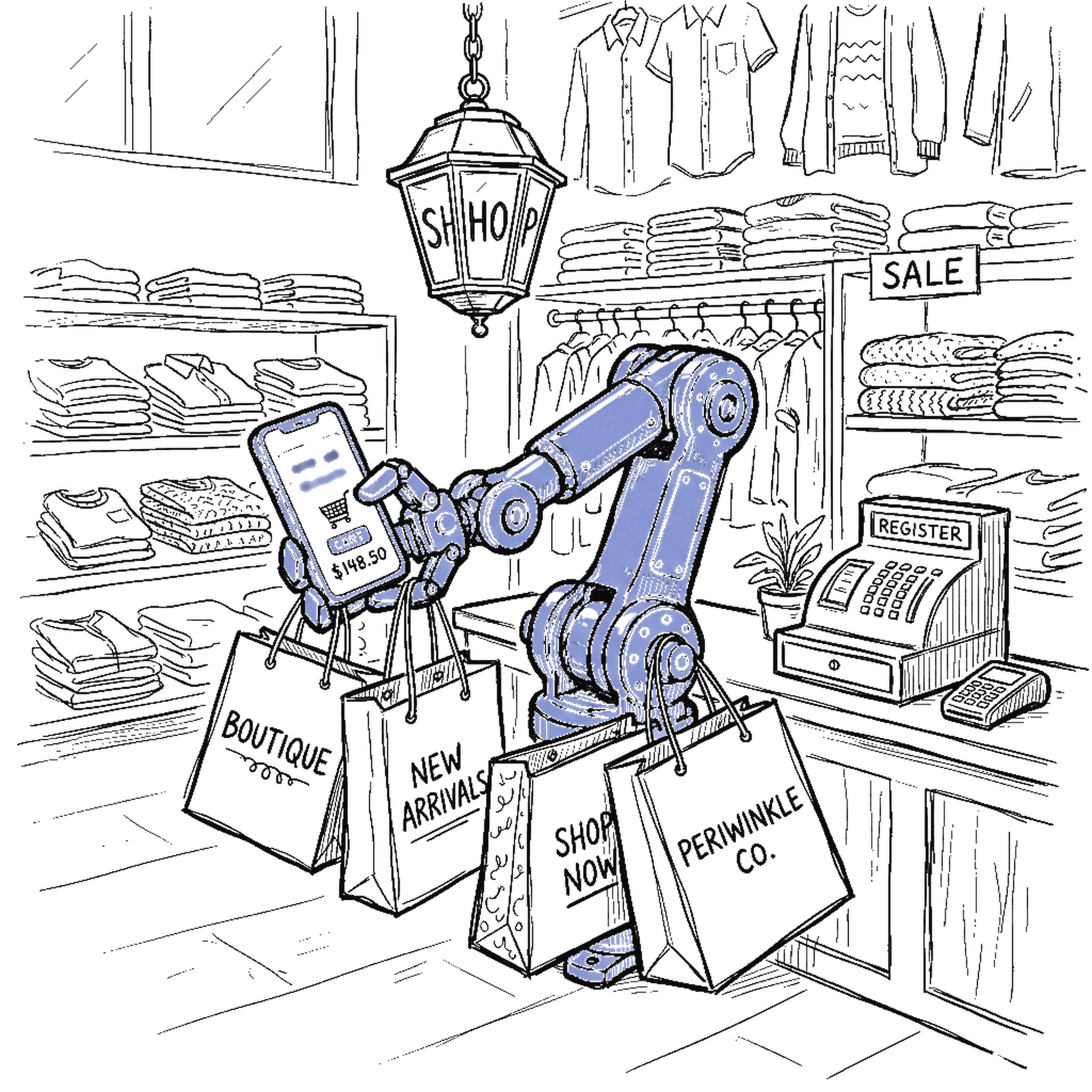 Illustration eines Roboterarms mit Smartphone und Shopping-Tüten, kinewsletter.ch Stil