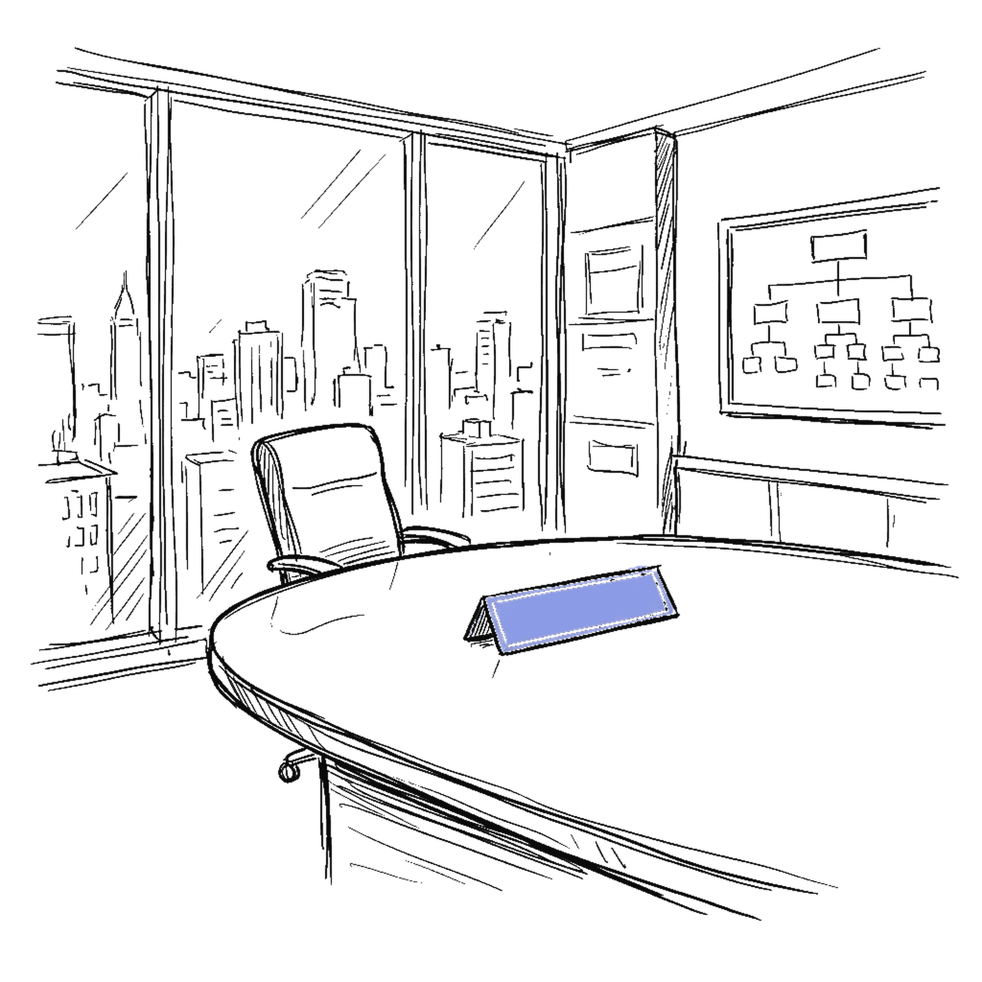 Illustration eines Sitzungszimmers mit leerem Vorstandsstuhl und Namensschild, kinewsletter.ch Stil