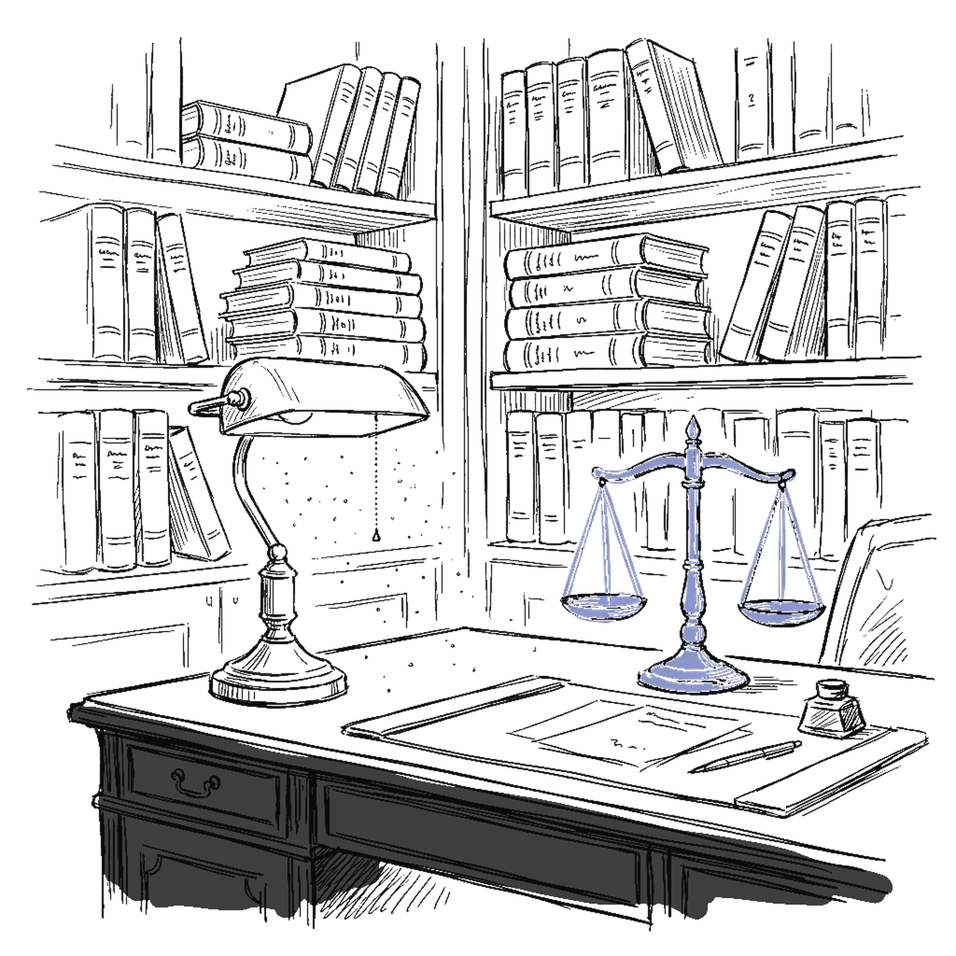 Illustration einer Anwaltskanzlei mit Bibliothek, Brass-Lampe und Waage der Justitia, kinewsletter.ch Stil
