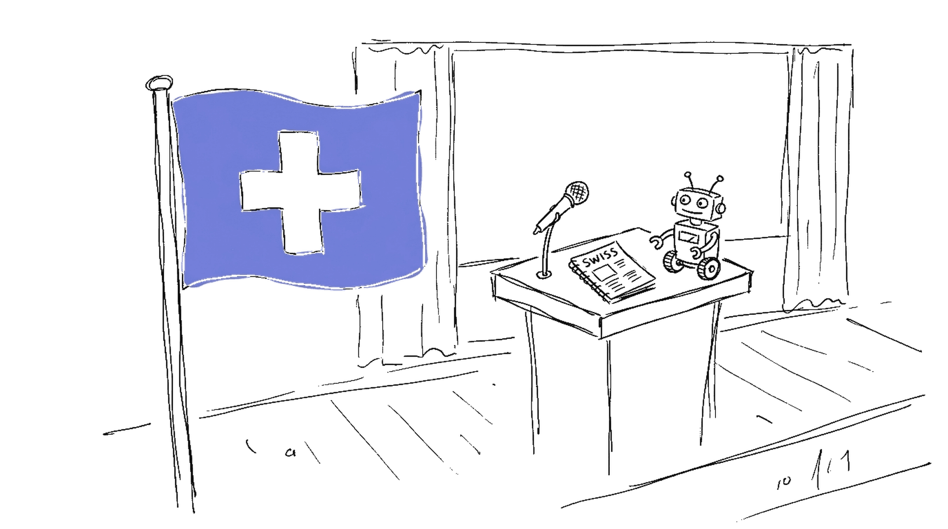 Illustration einer Schweizer Flagge mit Konferenz-Szene und Roboter im kinewsletter.ch Skizzen-Stil