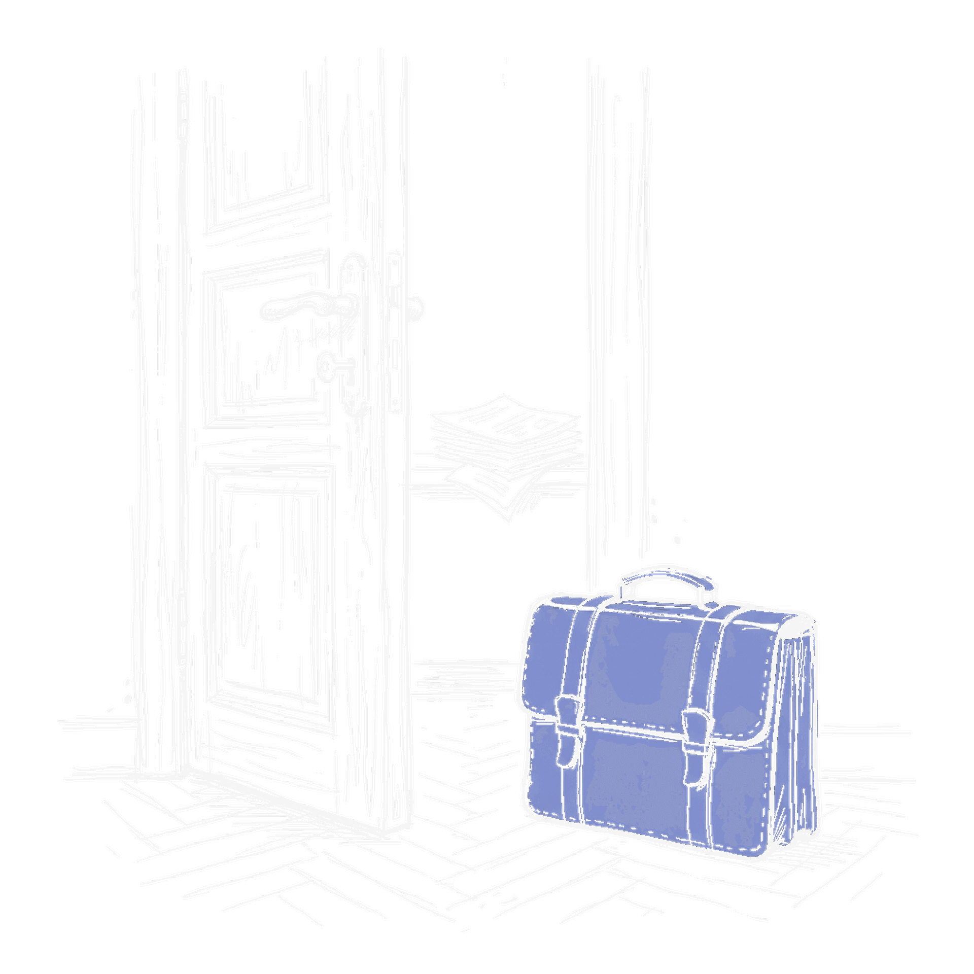 Illustration einer halb geoeffneten Buerotuer mit Aktentasche und Schluessel, kinewsletter.ch Stil